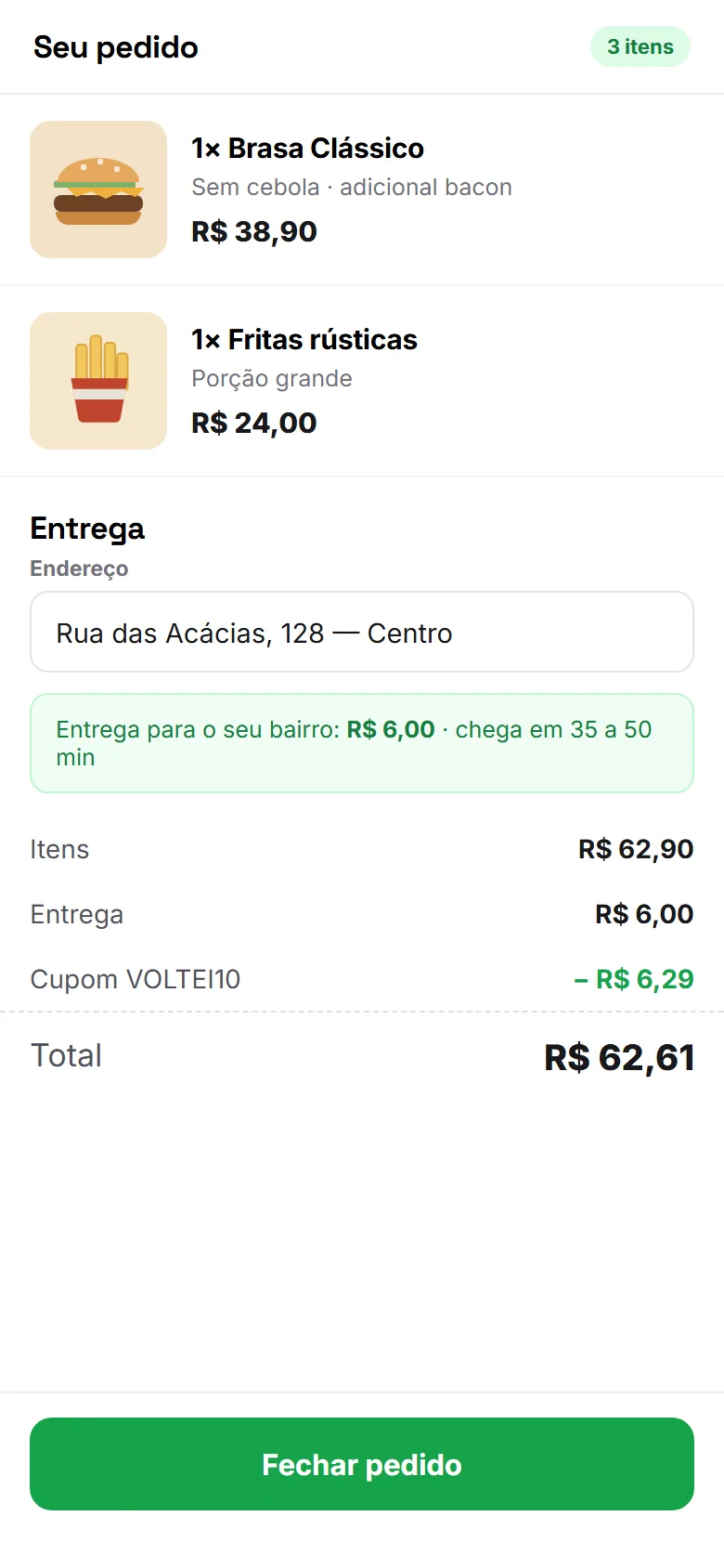 Carrinho com entrega e cupom