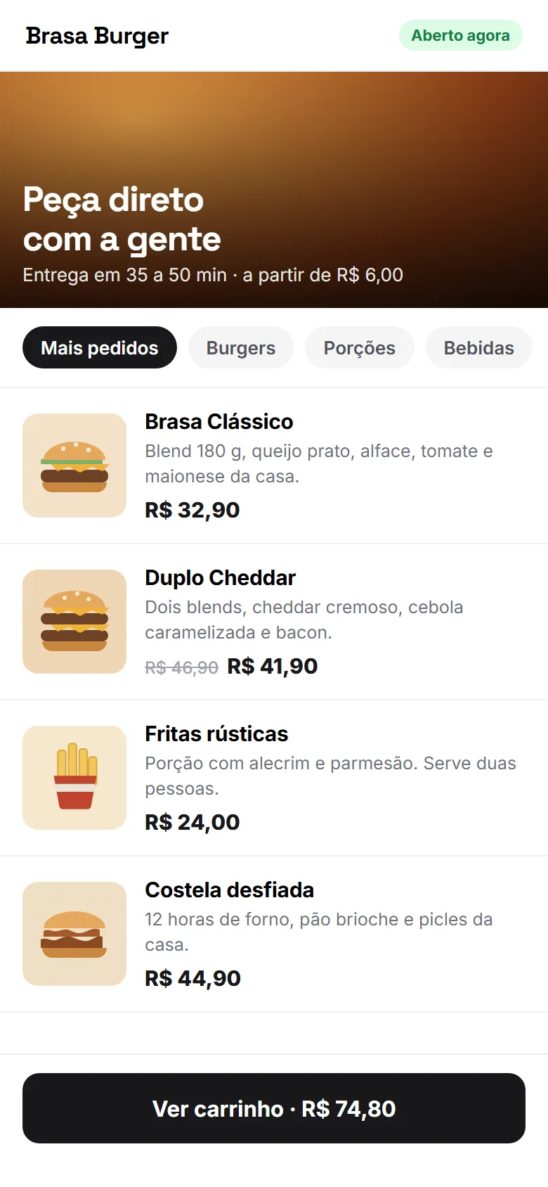 Cardápio no celular