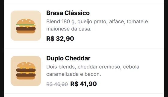 Itens do cardápio com foto, descrição e preço