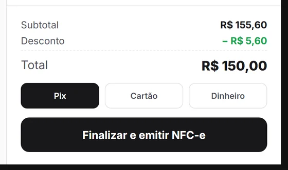 Totais da venda com desconto e formas de pagamento