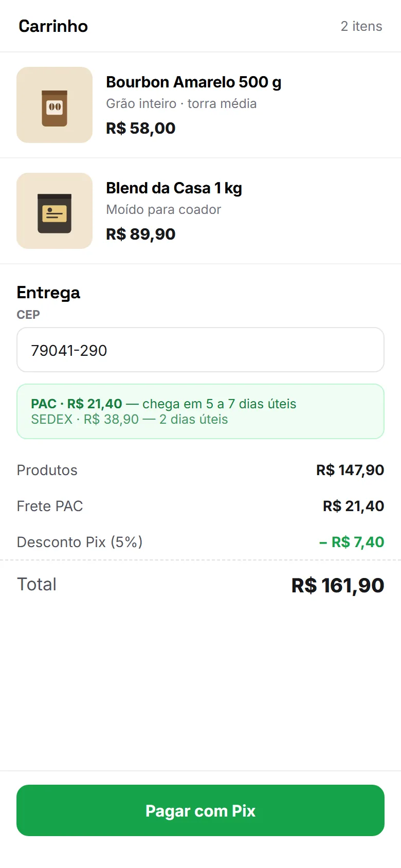 Carrinho com frete calculado pelo CEP e desconto no Pix